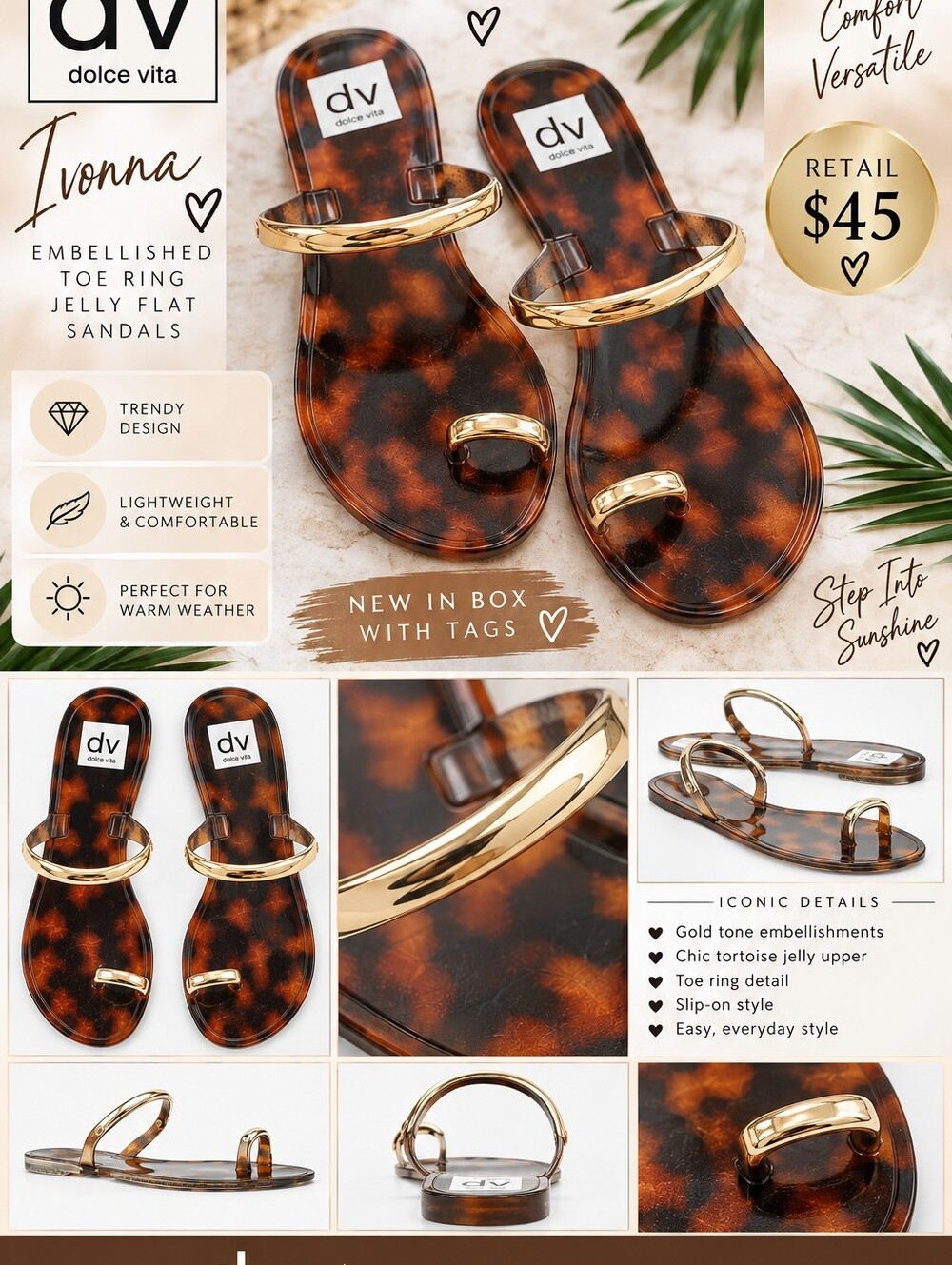NWOB DV Dolce Vita Ivonna Tortoise Jelly Toe Ring Flat Sandals Size 8
